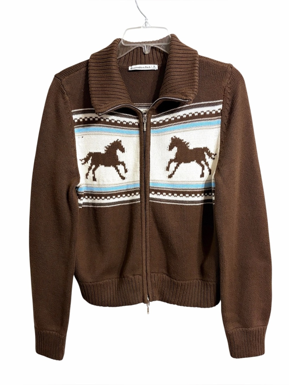 Abercrombie & Fitch Knit Horse Cardigan Sweater Womens M Brown Western Cowgirl